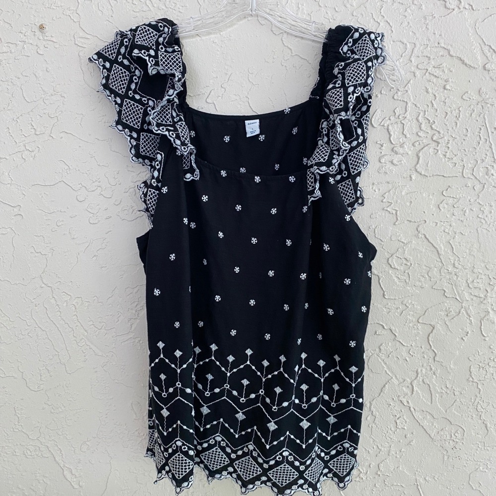 Summer Festival Top‎ Women L Black Embroidered Sleeveless Square Neck Old Navy